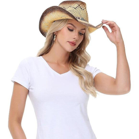 Straw Cowboy Hat Wide Brim Sun Protective Unisex Western Casual Accessory main image 4